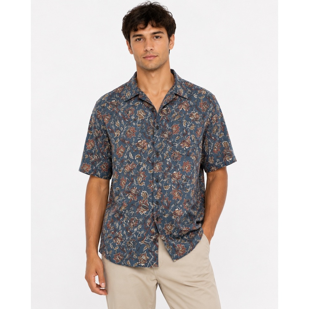 Mutual‎ Weave Button Down Shirt Mens 2XL Blue Floral Short Sleeve Stretch Casual